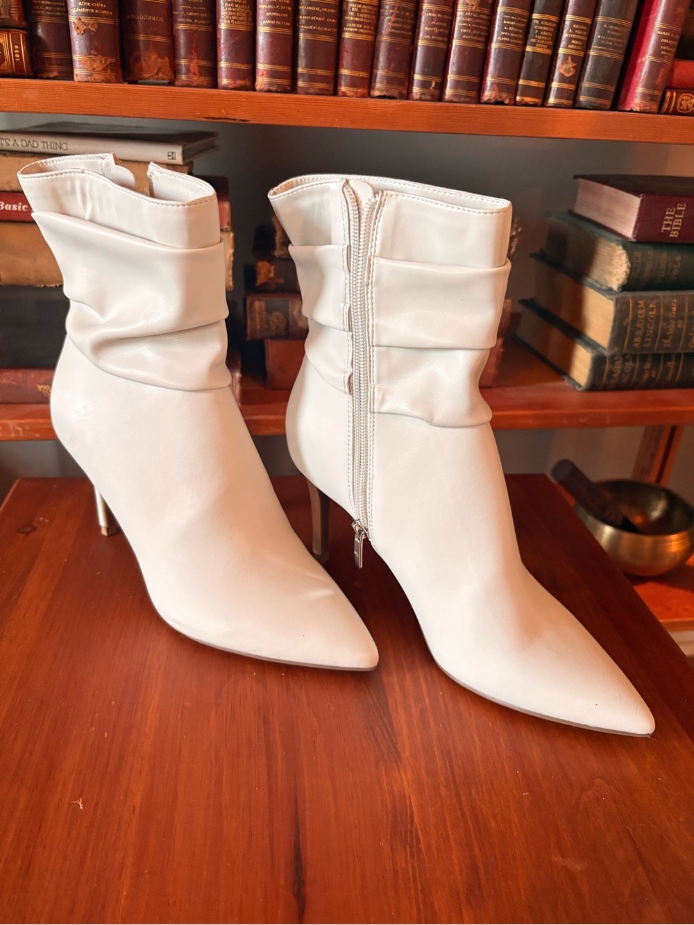 Marc Fisher White Pointed-Toe Stiletto Ankle Boots with Side Zip